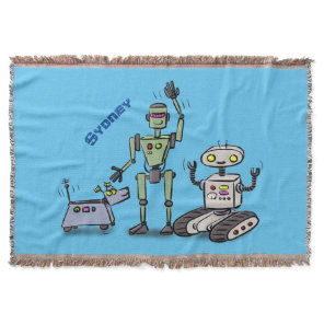 Happy cute robots trio cartoon throw blanket
