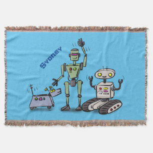 Happy cute robots trio cartoon throw blanket