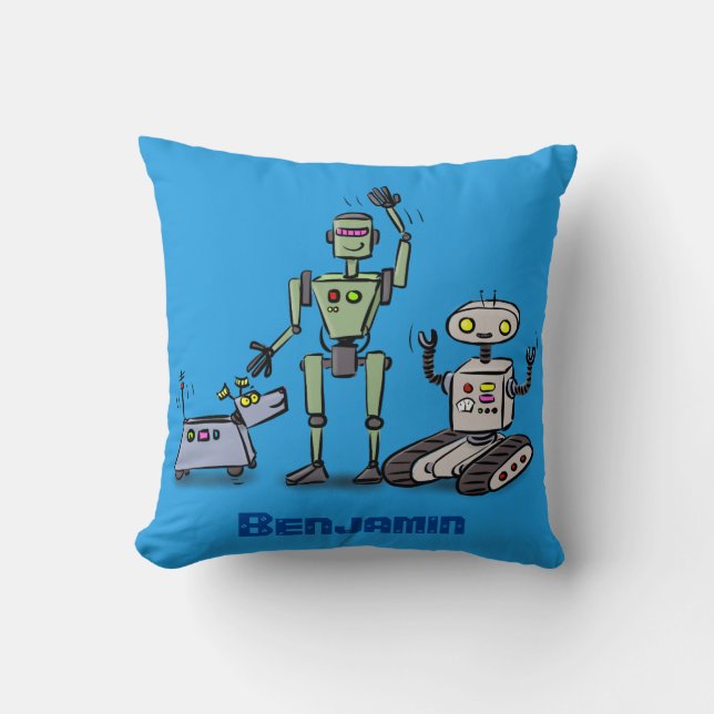Happy cute robots trio cartoon throw pillow (Front)