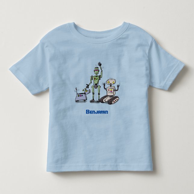 Happy cute robots trio cartoon toddler t-shirt (Front)