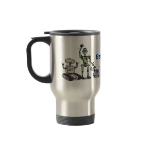 Happy cute robots trio cartoon travel mug