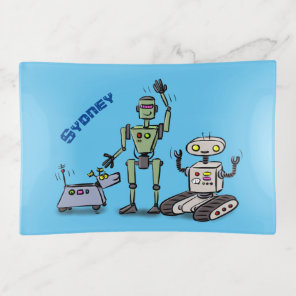 Happy cute robots trio cartoon trinket tray