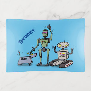 Happy cute robots trio cartoon trinket tray