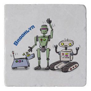 Happy cute robots trio cartoon trivet