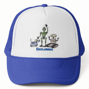 Happy cute robots trio cartoon trucker hat