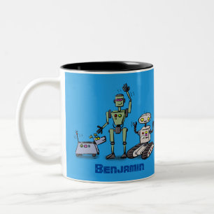 Happy cute robots trio cartoon Two-Tone coffee mug