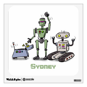 Happy cute robots trio cartoon wall decal