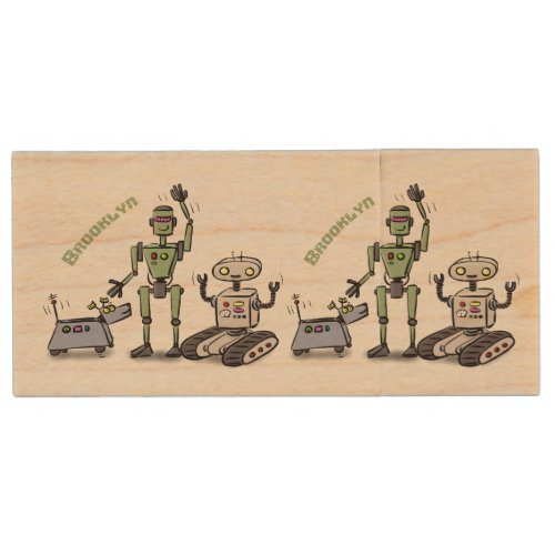 Happy cute robots trio cartoon  wood flash drive