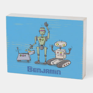 Happy cute robots trio cartoon wooden box sign