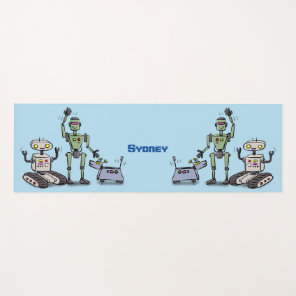 Happy cute robots trio cartoon yoga mat