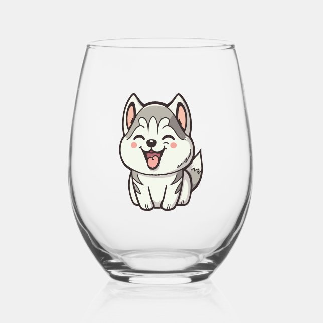 Happy cute Siberian husky dog Stemless Wine Glass (Front)