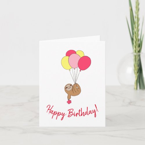 Happy cute sloth with balloons greeting card