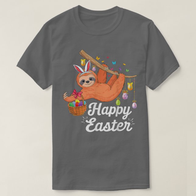 Happy Cute Sloth With Bunny Ears Egg Hunting Easte T-Shirt (Design Front)