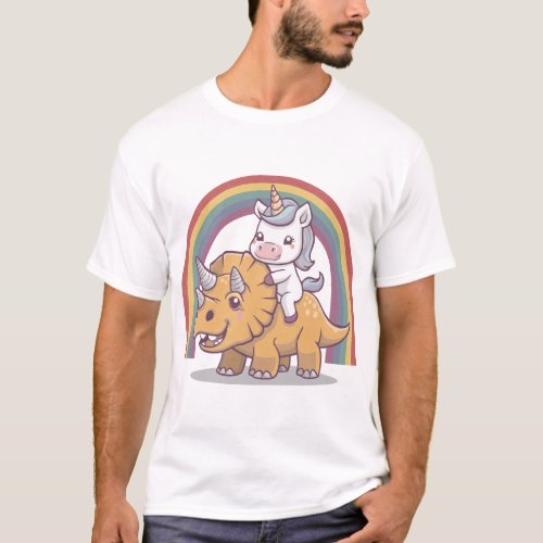 Happy  Cute Unicorn Rides Triceratops Rainbow T_Shirt