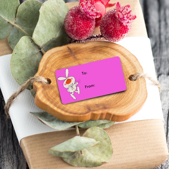 Happy Cute White Rabbit Gift Tag (Cartoon bunny rabbit giving thumbs up sign on hot pink gift tag label.)