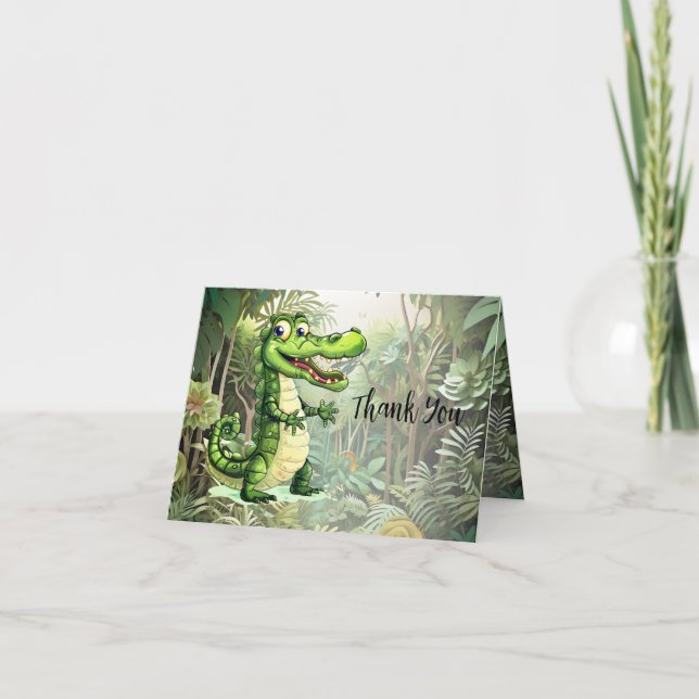 Happy Cute Wild Crocodile Jungle Trees Beautiful Thank You Card (Front)