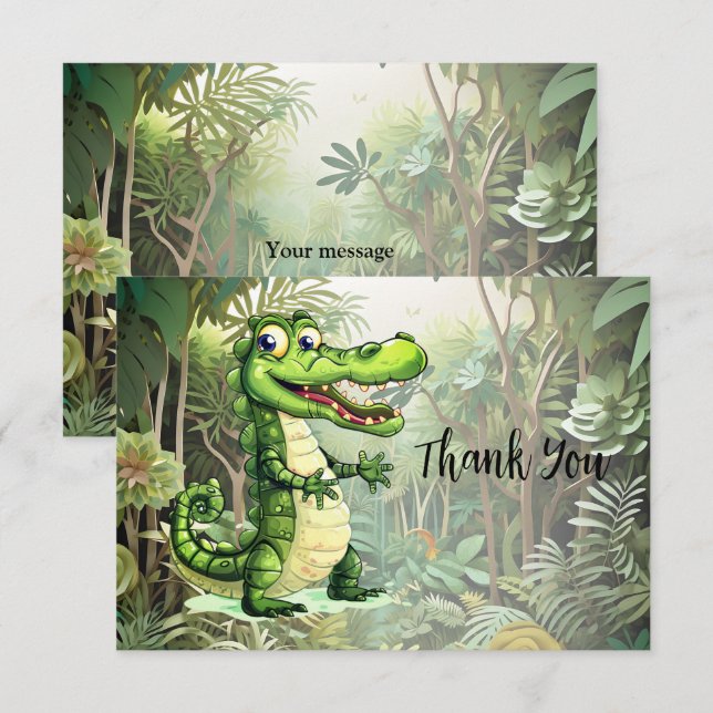 Happy Cute Wild Crocodile Jungle Trees Beautiful Thank You Card (Front/Back)