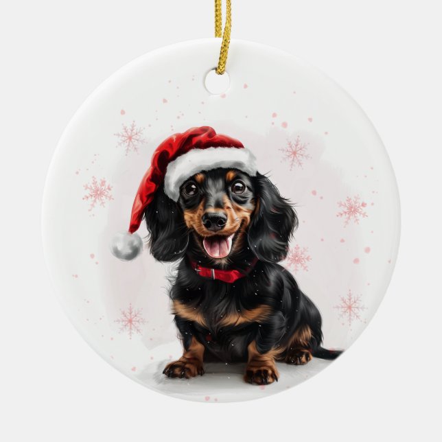 Happy Dachshund Dog Christmas Personalized Ceramic Ornament (Front)