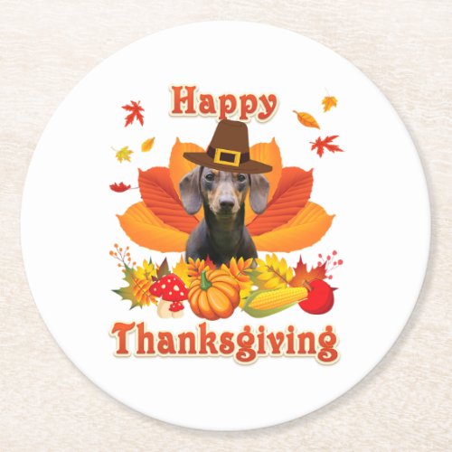 Happy Dachshund Dog Owner Turkey Thanksgiving Round Paper Coaster
