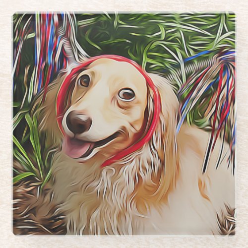 Happy Dachshund Dog With Patriotic Headgear Xmas P Glass Coaster