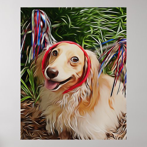 Happy Dachshund Dog With Patriotic Headgear Xmas Poster