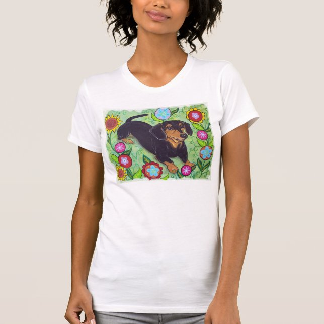Happy Dachshund in garden flowers T Shirt (Front)