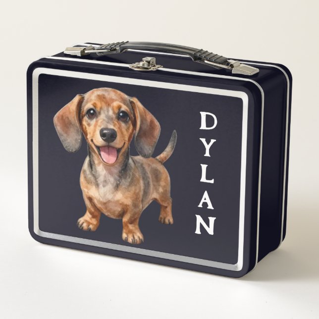 Happy Dachshund Puppy Metal Lunch Box (Front)