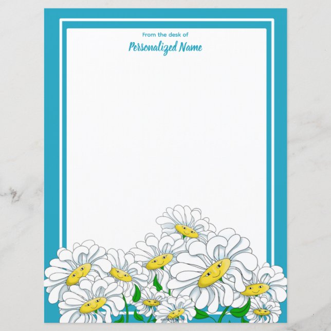 Happy Daisies Blue - White Unlined Paper Sheet (Front)