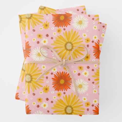 Happy Daisies Colorful 1970s Retro Pattern Wrapping Paper Sheets