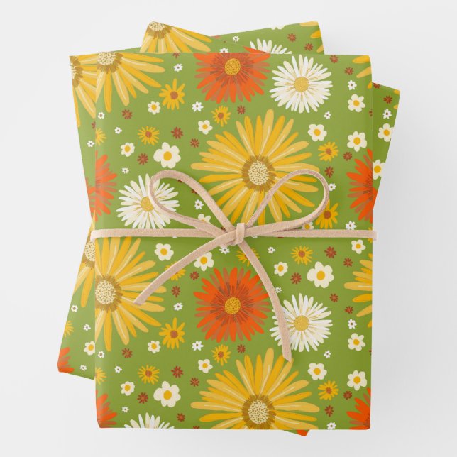 Happy Daisies Retro 70s Colorful Pattern Wrapping Paper Sheets (In situ)