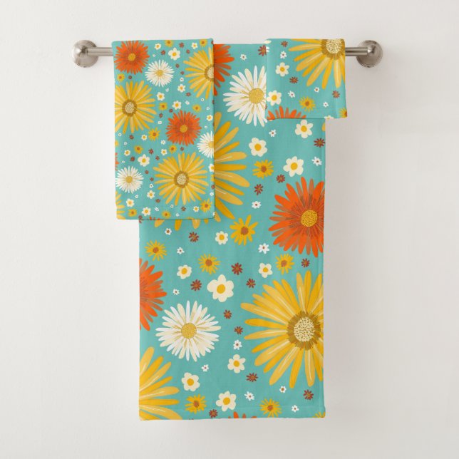 Happy Daisy Colorful Pattern Daisies Blue Bath Towel Set (Insitu)