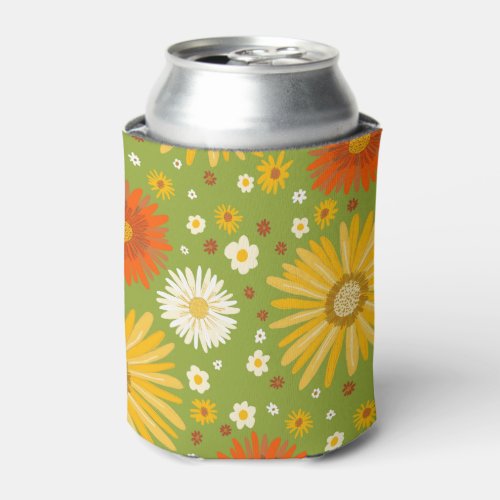 Happy Daisy Floral Pattern Green Can Cooler