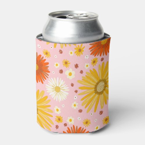 Happy Daisy Floral Pattern Pink Can Cooler