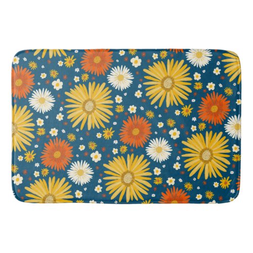 Happy Daisy Flower Pattern Blue Bath Mat