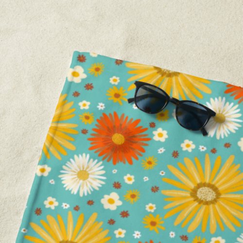 Happy Daisy Flower Pattern Blue Beach Towel