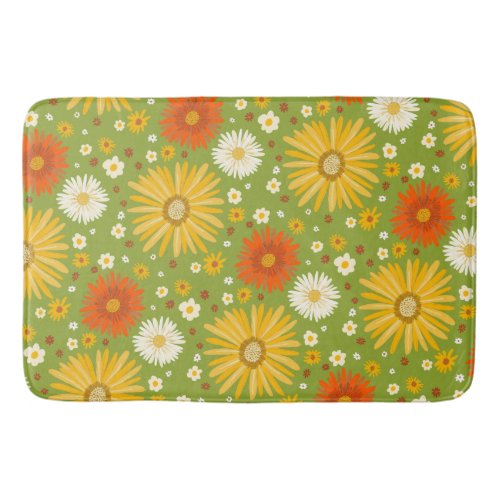 Happy Daisy Flower Pattern Green Bath Mat