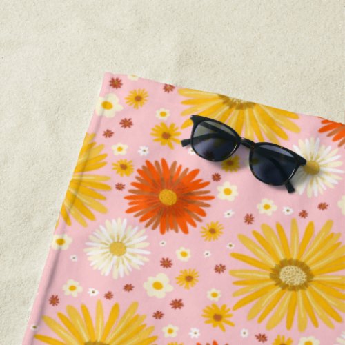 Happy Daisy Flower Pattern Pink Beach Towel