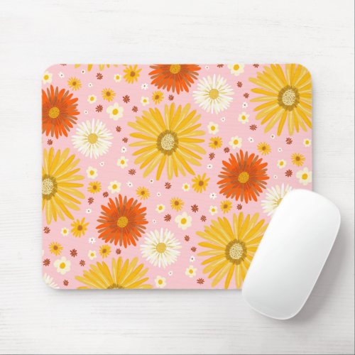 happy Daisy Flower Pattern Pink Mouse Pad