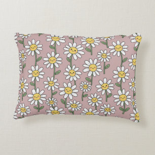 Happy Daisy Smiles Pink Floral Pattern Accent Pillow
