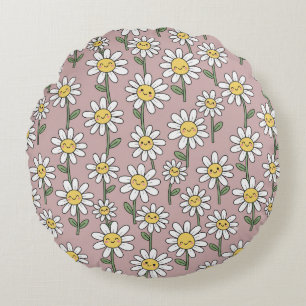 Happy Daisy Smiles Pink Floral Pattern Round Pillow