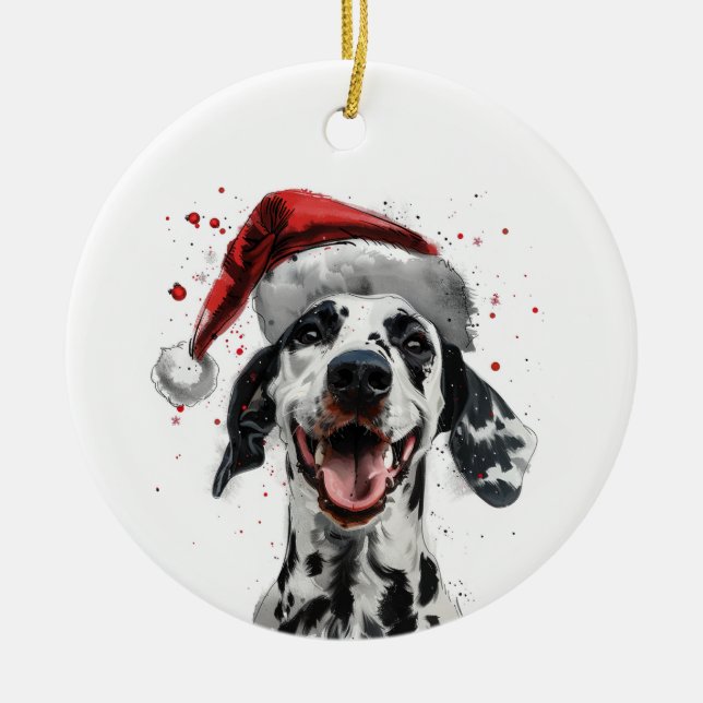 Happy Dalmatian Dog Christmas Personalized Ceramic Ornament (Front)