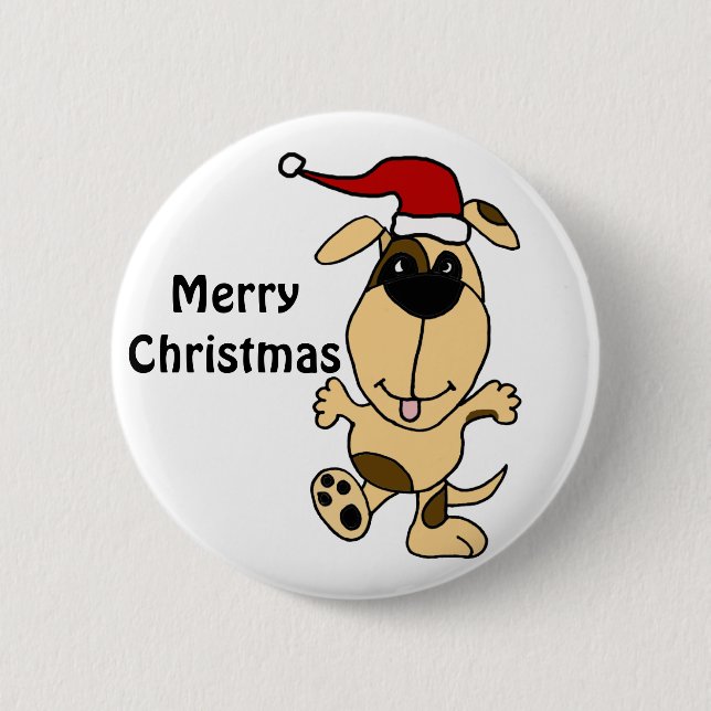 Happy Dancing Dog in Santa Hat Christmas Cartoon Button (Front)