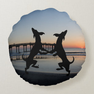 Happy Dancing Dogs on Beach Round Pillow