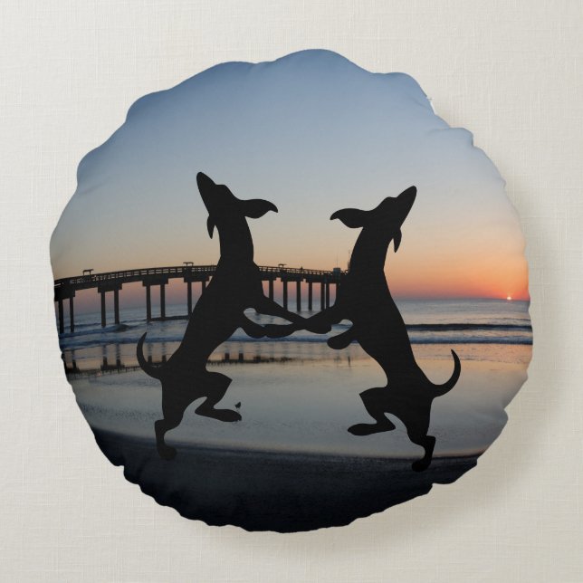Happy Dancing Dogs on Beach Round Pillow (Back)
