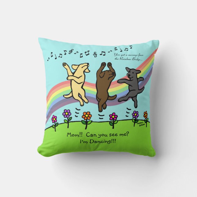 Happy Dancing Labrador Trio at the Rainbow Bridge Throw Pillow (Front)