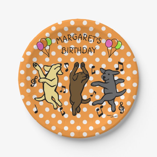 Happy Dancing Labrador Trio Birthday Party Paper Plates (Front)