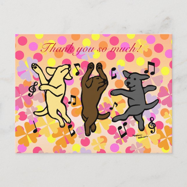 Happy Dancing Labrador Trio Cartoon Floral Postcard (Front)