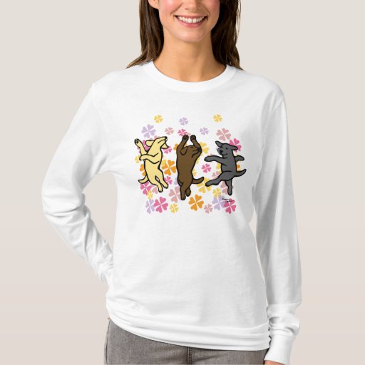 Happy Dancing Labrador Trio Cartoon Floral T-Shirt 