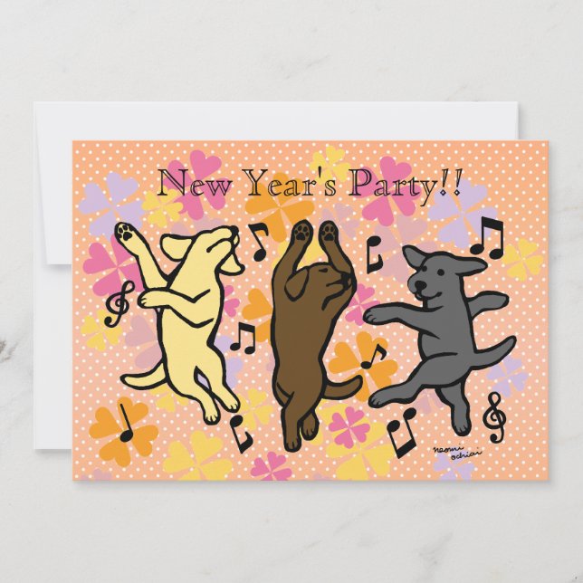 Happy Dancing Labrador Trio Cartoon New Year Invitation (Front)
