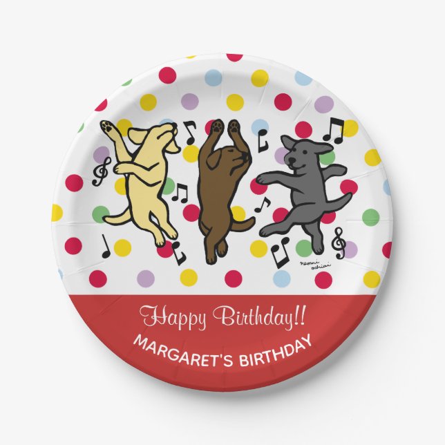 Happy Dancing Labrador Trio Happy Birthday Party Paper Plates (Front)